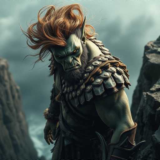 This image features a highly detailed, computer-generated depiction of a green-skinned orc, reminiscent of characters from the Lord of the Rings. The orc has a menacing appearance with a long, black beard and piercing yellow eyes. His face is characterized by a large nose and a mouth that appears to be set in a frown. His long, pointed ears add to his fearsome look. The orc is adorned with a piece of armor that resembles a shoulder pad, and he is holding a curved sword in his right hand. His left arm is covered by a brown sleeve. The background is a dark, cloudy sky, with jagged, rocky mountains on either side, enhancing the ominous atmosphere of the scene.