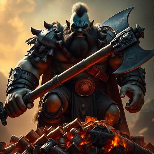 This image depicts a highly detailed, computer-generated Viking warrior. The Viking is crouched down, gripping a massive war hammer with both hands. The hammer's head is positioned to the right, while the handle extends to the left. The Viking's skin is a striking blue, and he sports a long, flowing beard. His head is adorned with a distinctive mohawk, and his ears are pointed, adding to his fierce appearance. His eyes are intense, and his mouth is set in a grimace, revealing his teeth. 

The Viking is clad in elaborate armor, including spiked shoulder pads and a belt with a prominent circular buckle. His forearms are protected by wrist guards, and he wears a cape that flows behind him. The background features a dramatic sky with a blend of orange and gray hues, enhancing the overall atmosphere of the scene. In front of the Viking, there is a pile of glowing orange and red objects, possibly gold or treasure, adding to the image's rich visual elements.