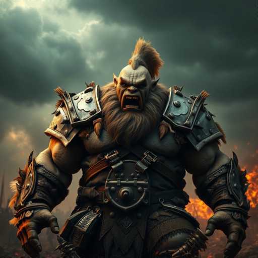The image depicts a highly detailed, computer-generated fantasy character resembling a Viking warrior. The character has a muscular build with a grayish skin tone and a distinctive mohawk hairstyle. His face is marked by a fierce expression, with his mouth wide open in a yell, revealing sharp teeth and a long nose. His ears are pointed, adding to his fierce appearance. He sports a long, bushy beard and mustache, and his shoulders are adorned with metal armor pieces that have feathers attached. His arms are covered in leather wrist guards, and he wears a belt with a large buckle around his waist. The background features a dark, cloudy sky with hints of fire on the right side, enhancing the dramatic and intense atmosphere of the scene.