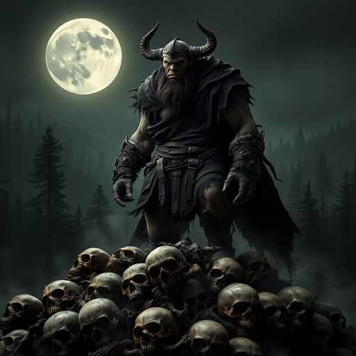 The image depicts a menacing, computer-generated Viking-like creature standing atop a mound of human skulls. The creature, with its dark gray skin and long, flowing beard, is adorned in a tattered black leather outfit that includes a skirt, a cape, and a belt with multiple straps. Its imposing figure is accentuated by large, black leather gloves and a helmet with two prominent horns protruding from either side. The creature's muscular arms are raised, as if preparing to strike. The background features a dark, foggy forest with tall pine trees silhouetted against a night sky dominated by a large, glowing full moon. The overall scene is shrouded in a eerie, smoky haze, enhancing the sinister atmosphere.