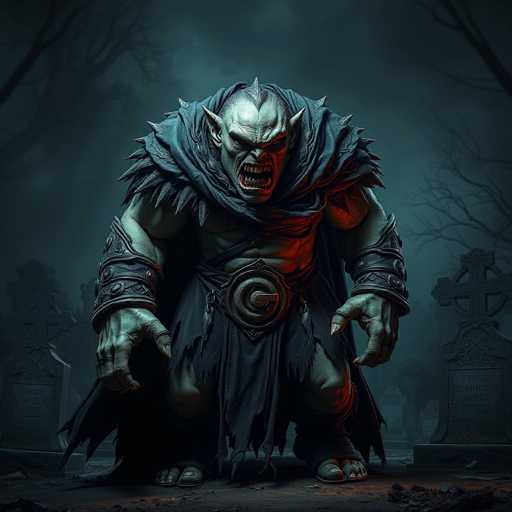 The image depicts a menacing, green-skinned orc standing in a graveyard at night. The orc, with its muscular build, sports a spiked collar and a tattered black robe that extends to its knees. Its face is characterized by a large, pointed nose, sharp teeth, and a menacing expression. The creature's hands are adorned with rings on its first two fingers, and it wears black wristbands. The background features a dark, cloudy sky, with silhouettes of trees and headstones, including one with a cross and the name "Tawer Amil Abite" inscribed on it. The overall scene is shrouded in a eerie, foggy atmosphere, enhancing the sinister presence of the orc.