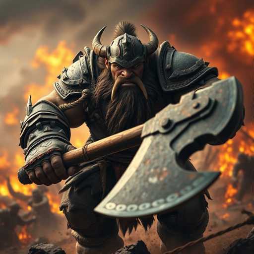 This image depicts a highly detailed, computer-generated Viking warrior. The Viking is adorned in intricate armor, featuring a helmet with two prominent horns protruding from either side. His long, flowing beard is accentuated by two large, curved fangs that emerge from the bottom of his mouth, giving him a fierce and intimidating appearance. The warrior's expression is one of anger, with his eyes squinted and his mouth set in a snarl. He grips a massive axe with a wooden handle, the blade of which is rusted and adorned with circular patterns along its edge. The Viking's muscular arms are clad in protective gear, and he stands ready for battle, his stance exuding strength and determination. The background is engulfed in flames, with silhouettes of other warriors visible amidst the chaos, adding to the dramatic and intense atmosphere of the scene.
