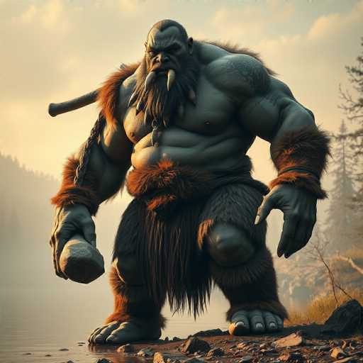 In this captivating image, a colossal figure resembling a giant ogre or troll dominates the scene. The creature's skin is a dark grayish hue, and its imposing physique is accentuated by massive, muscular arms. Its head is adorned with a long, flowing beard and an impressive set of fangs protruding from its lower jaw. The troll's feet are covered in long, shaggy fur, adding to its wild appearance. In its right hand, it clutches a large rock, while a stick is tucked behind its left arm. The creature stands on a rocky, dirt-covered terrain, with a serene body of water and a dense forest of tall trees stretching into the background. The sky above is a light blue, dotted with fluffy white clouds, completing this enchanting and slightly eerie landscape.