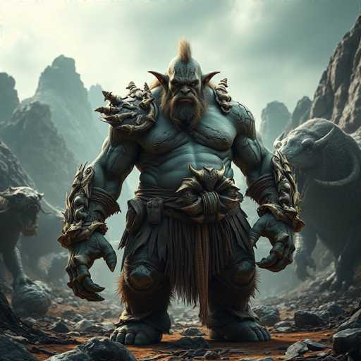 The image depicts a highly detailed, computer-generated scene featuring a formidable, green-skinned orc standing in a rugged, rocky landscape. The orc, with his muscular physique, sports a distinctive mohawk and a long, flowing beard. His face is adorned with intricate tattoos, and he wears a belt made of animal teeth. His shoulders are protected by spiked armor, and his wrists are wrapped with leather straps. The orc's hands are menacingly claw-like, adding to his intimidating presence. Surrounding him are various monstrous creatures, including a bull-like beast with horns and another with a long snout and sharp teeth. The background is filled with jagged, gray mountains under a cloudy sky, enhancing the overall dark and ominous atmosphere of the scene.