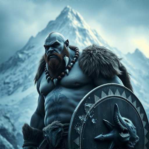 This image depicts a striking, computer-generated Viking warrior with a distinct blue-gray complexion. His face is characterized by a long, bushy red beard and a prominent red mustache. The Viking's head is mostly bald, save for a small mohawk-like tuft of hair. He is adorned with a necklace made of teeth and bones, adding to his fierce appearance. His shoulders are covered with fur, and he wields a large shield in his left hand. The shield features a detailed design of a wolf's head with its mouth open, surrounded by a pattern of triangles. The Viking's right hand is obscured by a mysterious object, possibly a bird, making it difficult to discern. His chest is bare, revealing a tattoo on his right side. The background showcases a towering, snow-covered mountain, enhancing the cold and rugged atmosphere of the scene.