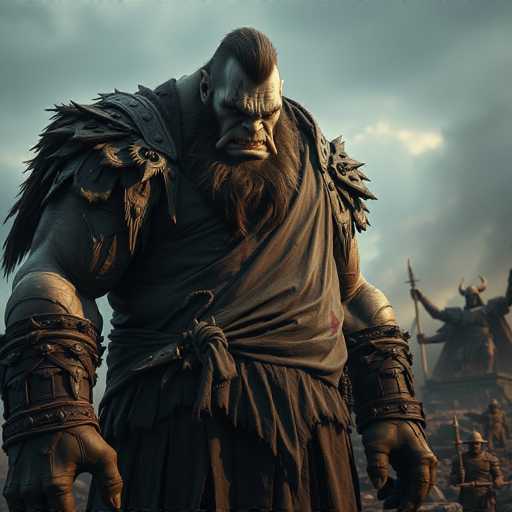 The image depicts a large, muscular figure with a beard and long hair standing on a rocky terrain. The figure is wearing a black robe and has a sword at their side. In the background, there are other figures present, suggesting that this scene takes place in an ancient or historical setting.