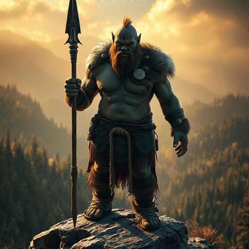 The image depicts a highly detailed, computer-generated Viking warrior standing on a rocky outcrop. The Viking is a muscular, shirtless man with greenish-gray skin, adorned with a fur cape draped over his shoulders and a fur skirt around his waist. His feet are clad in leather sandals, and he wears a distinctive metal disc on his chest. The warrior's head is bald except for a striking red mohawk, and he has a long red beard and mustache. His face is marked by a prominent scar running from his forehead down to his nose, and he has pointed ears. In his right hand, he wields a long spear with a sharp metal tip. The background features a dramatic landscape of mountains and trees, bathed in the warm hues of a setting sun, casting a yellowish-orange glow across the scene.