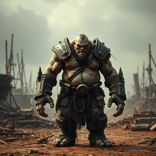A muscular figure stands on a dirt road surrounded by rubble and debris, wearing a large helmet with a chain around its neck and holding a sword in their right hand. The background is filled with ruins and structures, suggesting an abandoned or forgotten location.