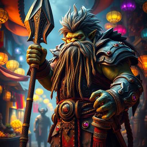 A character with long hair and a beard is standing in front of a colorful lantern-filled street at night. The character is holding a spear in one hand and a shield in the other.