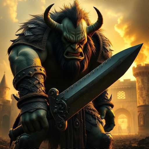 The image depicts a formidable green orc, characterized by his menacing appearance. He has a large, muscular body with a green complexion and a distinctive mohawk hairstyle. His face is marked by a fierce expression, with his mouth open in a snarl, revealing sharp teeth. Prominent horns protrude from either side of his head, adding to his intimidating presence. His arms are adorned with leather straps, and he wields a massive sword, enhancing his warrior-like demeanor. The background features a castle engulfed in flames, with smoke billowing into the sky, creating a dramatic and chaotic atmosphere. The scene is set during the daytime, with the sunlight casting a warm glow on the orc's back, highlighting his imposing figure.