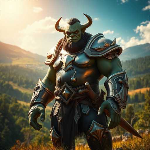 A highly detailed, computer-generated image depicts a formidable green orc standing in a lush, grassy field. The orc is clad in intricate, metallic armor that covers his torso, shoulders, and arms, exuding a sense of readiness for battle. A large sword is sheathed at his waist, further emphasizing his warrior stance. The orc's face is characterized by a long, black beard and a mohawk-like hairstyle, with two prominent horns protruding from either side of his head. His muscular build and menacing expression add to his intimidating presence. The background features a serene landscape with rolling hills, trees, and a clear blue sky dotted with white clouds, creating a stark contrast to the fierce warrior in the foreground.
