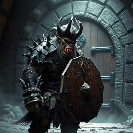 The image depicts a menacing, goblin-like creature standing in front of a stone doorway, possibly the entrance to a cave or castle. The creature has a greenish complexion and is adorned with black, spiked armor that covers its shoulders and arms. It wears a helmet with three prominent horns—two on the sides and one in the middle—along with a black mask featuring two large, white eyes. The creature's face is characterized by a long, gray beard and a mouth filled with sharp, yellow fangs. In its left hand, it holds a wooden shield decorated with metal designs, while its right hand is covered by a spiked gauntlet. The background reveals a stone wall and a wooden door with a metal handle, adding to the ominous atmosphere of the scene.