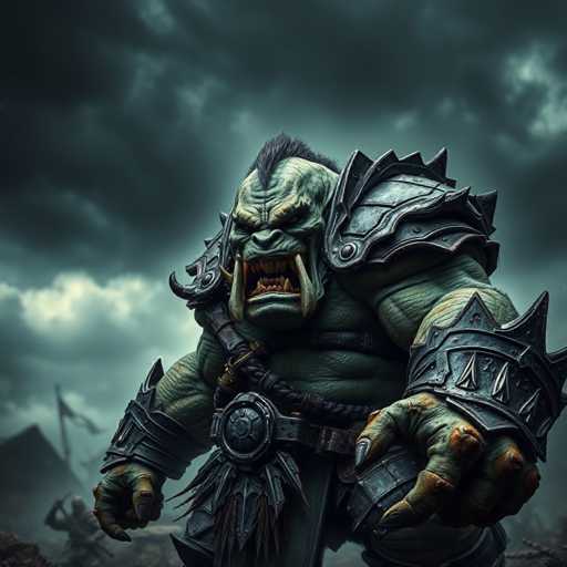 The image depicts a menacing, green-skinned orc warrior with a fierce expression. His face is dominated by large, protruding fangs and a short, black mohawk. He wears intricate, spiked metal armor that covers his shoulders, elbows, and wrists, giving him a formidable appearance. His right hand is clenched into a fist, while his left hand is extended forward, showcasing his long, sharp fingernails. The orc's belt features a round buckle with a metal design, and he has a skirt-like garment hanging from it. The background is dark and stormy, with ominous clouds looming overhead. In the distance, a blurred figure, possibly a soldier, stands with a flag on a pole, adding to the overall sense of impending battle and conflict.