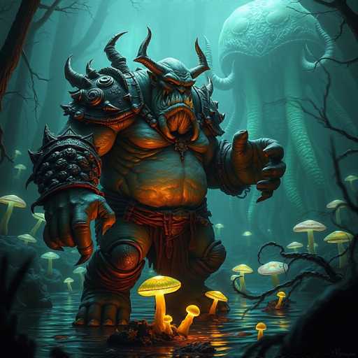 The image depicts a fantastical scene set in a forest. At the center of the image is a large monster with horns and a mouth, standing on a rock surrounded by mushrooms. The monster has a long neck and is holding a sword in its right hand. In front of the monster are several mushrooms scattered around it.
