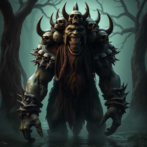 The image depicts a menacing, computer-generated creature standing in a foggy, swamp-like environment. The creature has a grotesque, muscular body with a grayish-green hue, and its face is contorted into a sinister grin, revealing sharp teeth. Its eyes are a striking red, adding to its menacing appearance. The creature's head is adorned with a headdress featuring a central skull flanked by two smaller skulls, each crowned with horns. Additional skulls and spikes are scattered across its shoulders and arms, enhancing its fearsome look. The creature's long, brown beard and mustache contribute to its eerie presence. It stands amidst a backdrop of bare, leafless trees, with fog swirling around its feet, creating an atmosphere of dread and otherworldliness.