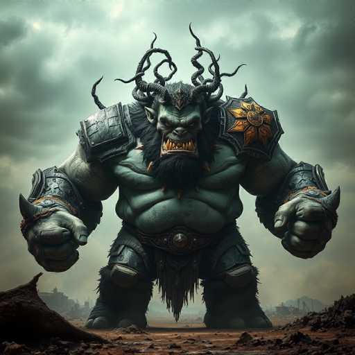The image depicts a formidable, green-skinned orc standing in a desolate, war-torn landscape. The orc's muscular physique is accentuated by his black armor, which includes a belt with a prominent round buckle and knee pads. His menacing appearance is enhanced by a black beard, a crown-like structure on his head, and a set of sharp, yellow teeth. The orc's hands are encased in black gloves adorned with spikes, and his shoulders are protected by large, black and gold shoulder pads. The background reveals a bleak, gray sky filled with clouds, with distant buildings and a hill visible on the horizon. The ground is littered with rubble, emphasizing the destruction around him.
