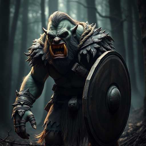 This image depicts a menacing, computer-generated troll standing in a dark, dense forest. The troll, with its greenish-gray skin and long, black hair, has a fierce expression, baring sharp teeth and fangs. Its face is marked by large, pointed ears and a long beard. The troll is clad in a spiked metal armor that covers its shoulders and chest, and it wears a belt with a large buckle. Its right hand, adorned with a spiked metal wristband, hangs menacingly by its side, while its left hand grips a large, round wooden shield with a metal rim and a central knob. The troll's attire includes a tattered brown skirt, adding to its rugged appearance. The background is a blurry, shadowy forest with tall trees, creating an eerie and ominous atmosphere.