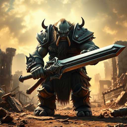 A colossal, heavily armored ogre stands amidst ruins, wielding a massive two-handed war-sword. Its thick, scaly skin and tusked mouth emphasize its monstrous nature. The scene is bathed in a warm, golden light, highlighting the dramatic, fantasy-inspired art style.