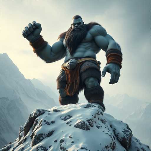The image depicts a highly detailed, computer-generated character resembling a Viking warrior. The character is a large, muscular man with a strikingly long, dark brown beard that extends down to his belly button. His hair is short and dark, complementing his rugged appearance. He is shirtless, showcasing his impressive physique, and adorned with a belt featuring a prominent ball-shaped buckle. His attire includes a fur skirt and matching fur boots, adding to his primitive, yet fierce look. His wrists are wrapped with brown leather straps, and his hands are notably large, with fingers that appear disproportionate and somewhat deformed. The character stands on a snow-covered rock, with a backdrop of majestic, snow-capped mountains, enhancing the wintry and rugged atmosphere of the scene.