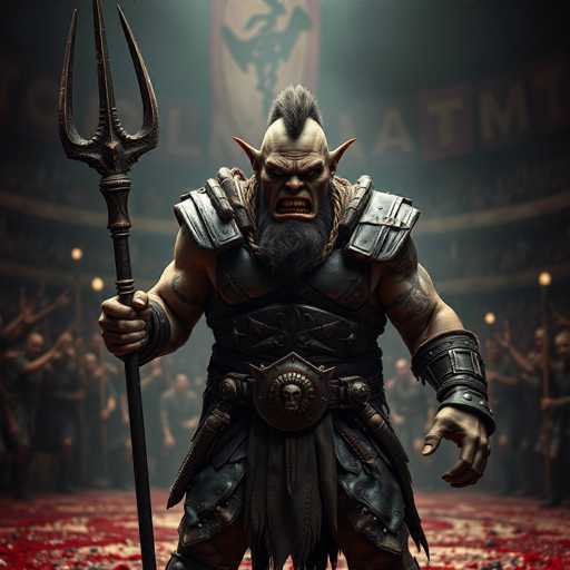 A hulking ogre gladiator dominates a blood-soaked arena, his scarred face contorted in a fierce snarl. He wears heavy leather armor and wields a massive, barbed trident, standing center stage amidst a roaring crowd. The image is rendered with a hyper-realistic, dramatic style, emphasizing intense detail and a powerful composition.