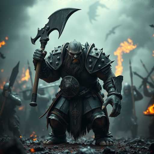 A colossal, heavily armored ogre stands amidst a fiery battlefield. The ogre, with a scarred face and fierce expression, wields a massive greataxe. Dark, weathered plate armor covers its body, and a long, braided beard flows from its chin. The background is blurred with smoke and flames, hinting at a chaotic battle scene. The overall art style is highly detailed and realistic, with sharp focus on the ogre's imposing figure.