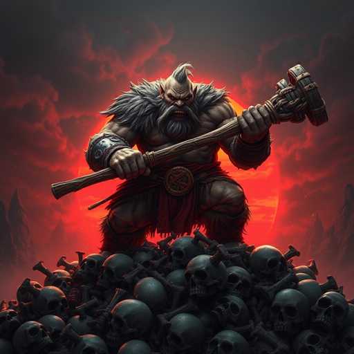 This image portrays a formidable, video game-style character reminiscent of a Viking warrior. The character is depicted with a muscular build, adorned with a fur loincloth and fur boots. His head is crowned with a mohawk, and his face is characterized by a long, gray beard and mustache. He stands menacingly atop a mound of human skulls, each skull featuring a bone protruding from its forehead. The warrior wields a massive sledgehammer, held firmly in both hands, with the hammer's head resting on the ground. His expression is one of intense anger, his teeth bared in a fierce grimace. The background is dominated by a large, glowing red sun, casting an ominous light over the scene. The sky is filled with dark, menacing clouds tinged with red, adding to the overall sense of dread. The character's eyes are a striking, glowing red, further enhancing his intimidating presence.
