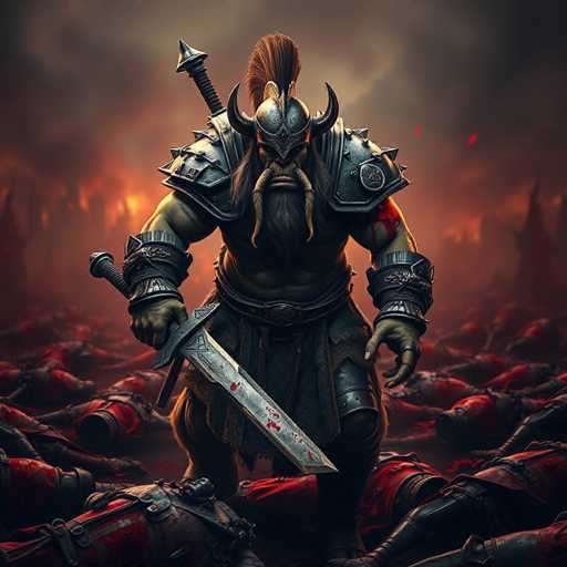 A colossal, fearsome ogre warrior stands amidst a blood-soaked battlefield. His scarred face is framed by a long, braided beard and a horned helmet. He wields a massive sword dripping with blood, its blade gleaming in the dim light. The scene is dark and dramatic, emphasizing a hyper-realistic, cinematic style with a focus on detail. The overall composition is stark and powerful, conveying a sense of epic scale and grim intensity.