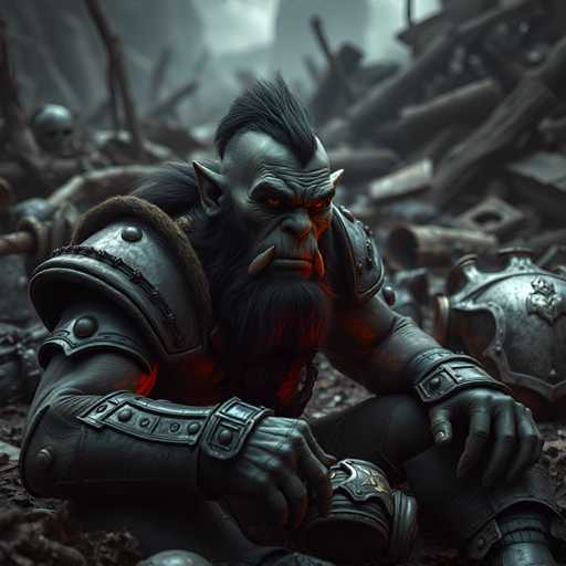A character with a long beard and a mustache is sitting on the ground surrounded by rubble and debris. The character's armor is made of metal plates that reflect light from above, creating an eerie glow around them.