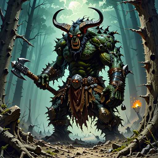 A colossal, monstrous creature stands in a dark, enchanted forest. The creature is predominantly green and covered in sharp spikes, with large, curved horns and glowing red eyes. It wields a massive axe, its body adorned with metal armor and a tattered brown cloth draped around its waist. The creature's face is snarling, revealing sharp teeth and a menacing expression. The forest floor is littered with broken branches and glowing embers from a small fire in the background, casting an eerie light on the scene. The overall atmosphere is dark and foreboding, with a sense of power and danger emanating from the creature.