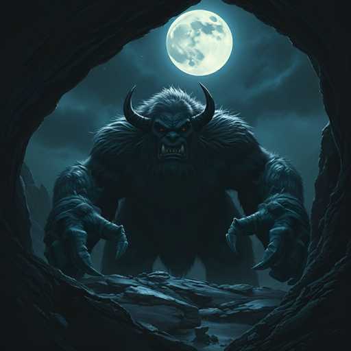The image depicts a large, dark-skinned monster with horns and sharp teeth standing on a rocky cliff face against the backdrop of a full moon. The monster is facing towards the right side of the image, giving an impression of being ready to charge or attack.