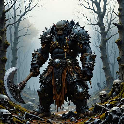 The image depicts a highly detailed, computer-generated scene of a monstrous creature standing in a foggy, eerie forest. The creature, resembling a goblin or troll, has a gray, muscular body with a bald head and a long, black beard. Its face is characterized by a large nose, pointy ears, and a menacing expression. The creature is clad in elaborate black armor adorned with spikes and gold accents, including shoulder pads, arm guards, and a belt with a large buckle. It wields a massive, curved scythe in its right hand, which is larger than its head. The ground around the creature is littered with numerous human skulls, some of which are partially buried in the earth. The background features a dense forest of leafless trees, adding to the overall dark and ominous atmosphere of the scene.