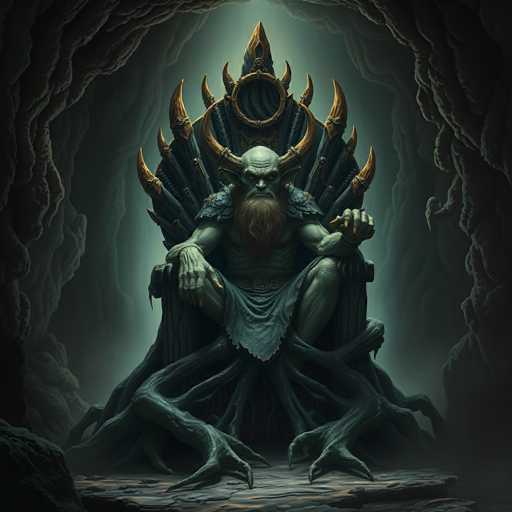 The image depicts a menacing, gargoyle-like creature seated on a throne within a dark, cavernous setting. The creature has a greenish-gray complexion, a bald head, and large, protruding ears. Its face is characterized by a long, brown beard and mustache, with a nose that appears to be broken. The creature's eyes are dark and piercing, adding to its sinister appearance. 

The throne it sits upon is elaborate, featuring a backrest adorned with numerous spikes and horns, primarily in shades of brown and gray. The creature's hands rest on the armrests, showcasing long, sharp fingernails. Its legs are covered by a grayish-blue skirt, and its feet are large with long, claw-like toes. The creature's overall demeanor is one of anger and malevolence, as it gazes directly at the viewer. The surrounding environment is a dimly lit cave, with dark gray and black hues dominating the scene, enhancing the ominous atmosphere.