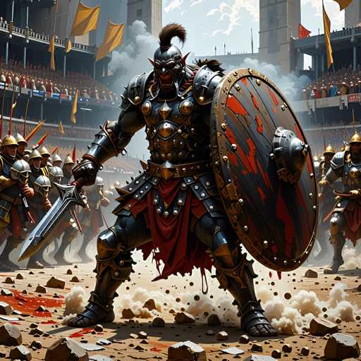 The image depicts a fierce gladiator standing in a vast coliseum, surrounded by an audience of spectators. The central figure is a formidable warrior clad in intricate black armor, complete with a helmet that features a striking mohawk of hair. His menacing appearance is accentuated by his open mouth, revealing sharp teeth, and his glowing red eyes. In his right hand, he wields a large sword, while his left hand grips a massive shield adorned with red markings. His feet are protected by black sandals, and a red cloth drapes around his waist, adding to his imposing presence. The ground beneath him is littered with rocks and blood, evidence of the brutal battles that have taken place. In the background, other gladiators can be seen, poised for combat, contributing to the intense and chaotic atmosphere of the arena.