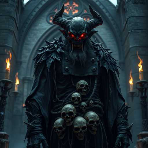 The image depicts a dark and eerie scene set within an old stone building with Gothic architecture. The central figure is a large, imposing figure of a monster with horns and red eyes, dressed in a black robe adorned with multiple skulls. The monster's face is twisted in a menacing expression as it gazes directly at the viewer. Surrounding the monster are several skulls, each varying in size and position, creating an unsettling atmosphere.