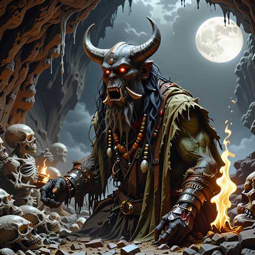 The image depicts a menacing, demonic creature with a gray face and glowing red eyes. Its mouth is wide open, revealing sharp teeth, and it has two prominent tusks protruding from its chin. The creature's head is adorned with two large, curved horns that extend outward and then curve upward. It is draped in a tattered green cloak and wears a belt with a gold buckle. The creature's arms are covered in black gloves, and its wrists are decorated with metal bracelets. In its right hand, it holds a skull, while flames dance around its left arm. The setting is a dark cave filled with numerous skulls scattered on the ground. The sky above is cloudy, with a full moon casting an eerie glow over the scene.