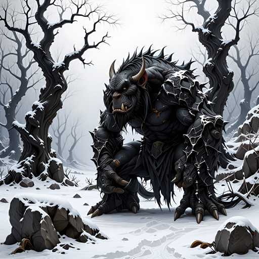 The image depicts a large, dark-skinned creature with horns and sharp teeth standing on all fours in the center of a snowy forest. The creature is facing towards the right side of the image, surrounded by trees covered in snow.