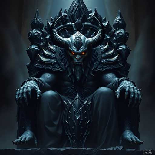 The image depicts a menacing demon-like figure seated on an ornate, dark throne. The background is a smoky gray, adding to the ominous atmosphere. The demon has glowing orange eyes and a long, pointed nose, with its mouth open to reveal sharp teeth. Its head is adorned with large, curved horns that extend outward and then curve back inward. The figure's skin is a dark gray, almost black, and it has long, claw-like fingers and toes. The demon is dressed in flowing black robes and wears a belt with spikes around its waist. Its shoulders are protected by metal armor, and its chest is bare. The throne it sits on is equally imposing, with a pointed top and intricate metal designs. The overall scene is dark and foreboding, with the demon's glowing eyes providing the only source of light.