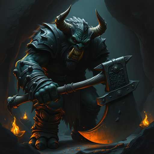 The image depicts a menacing, computer-generated creature resembling a troll or orc, standing in a dark cave. The creature has a greenish-blue face with long, sharp yellow teeth and glowing red eyes. Its head is adorned with two large, curved horns that extend from the sides and curve upwards. The creature's body is covered in armor, including a chest plate, shoulder pads, and wrist guards, with its legs wrapped in cloth or leather. It wields a massive, double-sided axe with a wooden handle and a metal head that glows orange from the fire beneath it. The cave is dimly lit by three small fires, one on each side and one in the background, casting flickering shadows on the rocky walls. The creature stands with its right foot forward, leaning slightly to the right, and gazes directly at the viewer, creating an eerie and intimidating atmosphere.