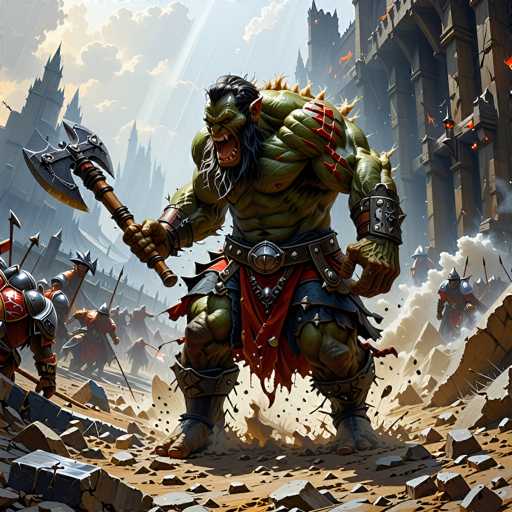 A colossal, green-skinned orc warrior stands amidst a battlefield of shattered stone and rubble. He wields a massive, jagged axe, its head dripping with what appears to be blood or viscous liquid. His face is a grotesque mask of fury, teeth bared in a roar, and his eyes glow with an intense, primal light. He's clad in heavy armor, adorned with spikes and intricate metal plates, and a tattered red cloth drapes from his waist. 

Behind him, a horde of similarly monstrous orcs surges forward, their weapons raised in a chaotic charge. The background is filled with the ruins of a grand, crumbling castle, its towers and walls reduced to jagged fragments. The sky is a dramatic canvas of stormy clouds, with streaks of lightning illuminating the scene and casting an eerie glow on the battle. The overall atmosphere is one of intense conflict, destruction, and raw power.