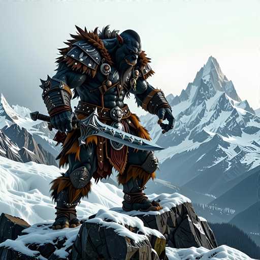 A colossal, muscular beast stands on a snow-covered mountain peak. The creature is dark blue or grey in color, with thick fur and sharp claws. It wields a large, ornate sword with a jagged blade and intricate details. The beast's face is fierce, with glowing eyes and sharp teeth. It wears heavy armor made of metal plates and fur, adorned with tribal-like decorations. The background features a vast, snow-covered mountain range under a cloudy sky. The overall scene is dramatic and epic, conveying a sense of power and wilderness.