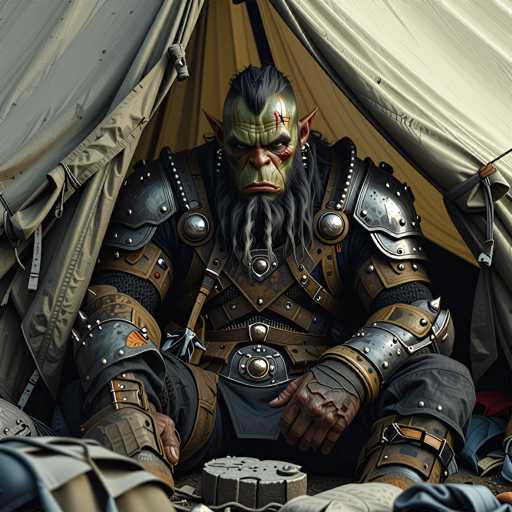 This image depicts a highly detailed, computer-generated character that appears to be inspired by fantasy games like World of Warcraft. The character is a green-skinned orc with distinctive features, including a long, braided beard and a mohawk hairstyle. He has pointed ears, a large nose, and a frowning expression. His face is marked with red tattoos or scars, adding to his fierce appearance. The orc is clad in elaborate, medieval-style armor that combines black and brown leather with silver metal accents, including spiked wrist guards and shoulder plates. He is seated inside a tan-colored tent, with the flaps pulled back to reveal the interior. The tent is equipped with various items, such as a canteen and other equipment, suggesting a base of operations. The overall scene is richly detailed, showcasing the character's formidable presence and the intricate design of his armor and surroundings.