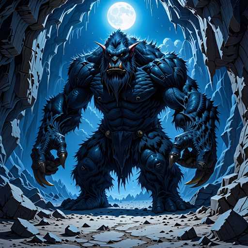 The image depicts a large, muscular creature with blue fur and sharp teeth standing on rocky ground surrounded by snow-covered mountains under a full moon. The creature is facing the camera directly, giving an impression of strength and dominance.