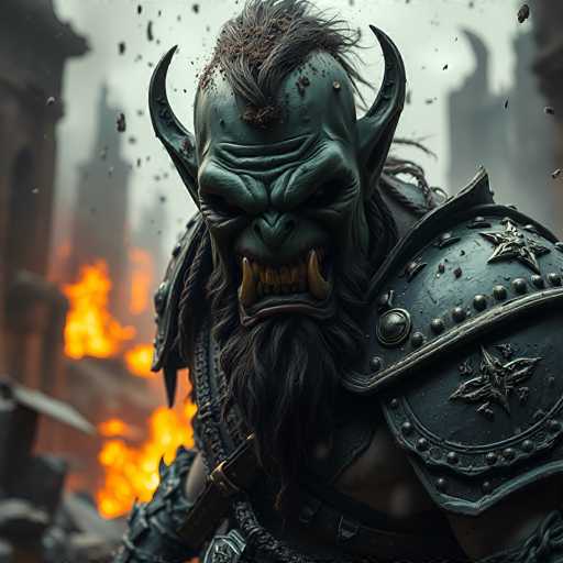 The image depicts a highly detailed, computer-generated character resembling a goblin or orc from a fantasy video game. The creature has a greenish-gray complexion with a distinctive mohawk-like hairstyle, which is partially covered in dirt. Its face is marked by large, protruding fangs and a long, black beard. The character's eyes are sunken, and its nose is flat, adding to its menacing appearance. It is adorned in dark gray, metallic armor that includes a prominent shoulder piece with a star emblem and a strap crossing its chest. The background is chaotic, featuring blurred buildings, flames, and smoke, suggesting a scene of destruction. Debris is scattered around, enhancing the sense of devastation. The overall image is square-shaped, with the goblin-like figure dominating the foreground and the fiery, smoky backdrop adding to the dramatic atmosphere.