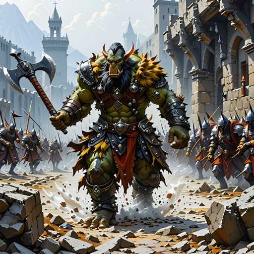 A colossal, green-skinned ogre warrior stands at the forefront of a massive army, wielding a large axe and leading a charge through a ruined battlefield. The ogre is clad in heavy, ornate armor adorned with spikes and fur, his face a grotesque mask of horns and sharp teeth. His eyes glow with an intense, fiery light as he strides forward, his massive feet kicking up clouds of dust and debris. Behind him, a phalanx of heavily armored warriors march in formation, their spears held aloft, creating a formidable wall of steel. The background reveals the crumbling remnants of a once-grand city, with towering stone structures and shattered walls hinting at a devastating battle. The overall scene is one of epic scale, power, and impending conflict, bathed in a dramatic, slightly desaturated light.