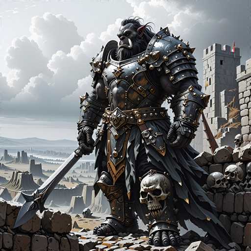 The image depicts a highly detailed, computer-generated scene of a formidable warrior standing on a stone wall. The warrior, who appears to be a fantasy creature, is clad in elaborate black and gold armor that covers his entire body, including his head, shoulders, chest, arms, and legs. His armor is adorned with numerous spikes and gold accents, and he wears a belt with a prominent buckle. The creature has a menacing appearance with a black beard, long white tusks protruding from his mouth, and pointed ears. He holds a large sword in his right hand, which rests on the wall beside him. At his feet, a skull is embedded in the stone, adding to the ominous atmosphere. The background reveals a vast, grayish landscape with distant mountains and a castle on the right side, under a sky filled with white and gray clouds. The overall scene is dark and foreboding, emphasizing the warrior's imposing presence.