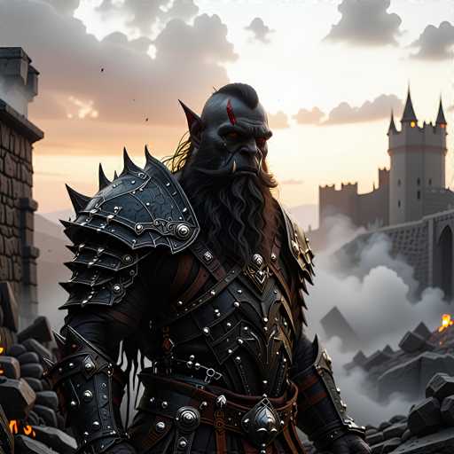 A detailed, highly realistic digital painting of a powerful, dark-skinned orc warrior in full plate armor. The orc is standing amidst the ruins of a fallen city, with a dramatic sunset sky in the background. The armor is intricately detailed, showing a mix of polished and textured metal with sharp, ornate designs. The orc's face is fierce, with glowing red eyes and a long, braided beard. The overall lighting emphasizes the orc's imposing presence and the desolate environment.