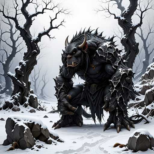A dark, monstrous creature with a thick, black, armored body and sharp claws stands in a snow-covered forest. The creature has a muscular build, horns, and glowing red eyes. It's surrounded by snow-covered trees and rocks, with a sense of cold and isolation in the background. The overall style is fantasy-inspired, emphasizing a dark and mysterious atmosphere.
