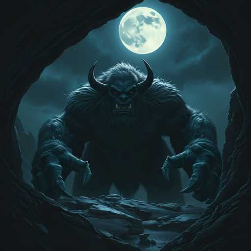 A colossal, shadowy creature with a furry body and glowing red eyes emerges from a dark cave. The creature's massive, clawed hands are outstretched, and its horns curl upwards against the dim moonlight. The cave opening is framed by jagged rocks, and a full moon hangs in the dark sky above. A small stream of water flows at the base of the cave, and a sense of foreboding fills the scene. The overall color palette is dark blues and grays, with a stark contrast created by the creature's glowing eyes.
