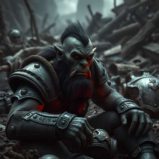 The image depicts a highly detailed, computer-generated scene of a fantasy setting. At the center is a formidable, gray-skinned orc, characterized by his menacing appearance. He has a prominent mohawk of black hair, pointed ears, and a long, bushy beard with two large tusks protruding from his lower jaw. His eyes are a striking red, and he wears a metal helmet adorned with a star emblem. The orc is clad in intricate, dark gray armor that covers his shoulders, elbows, and forearms, with a fur-lined cape draped over his back. He is seated on the ground, surrounded by a chaotic landscape of rubble, including metal pieces, wooden debris, and scattered skulls. The background is shrouded in a smoky haze, adding to the overall dark and ominous atmosphere of the scene.