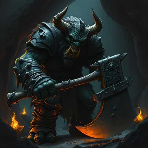 A green-skinned monster with horns and a large skull is holding a large axe in its right hand while standing on a rocky surface surrounded by flames.